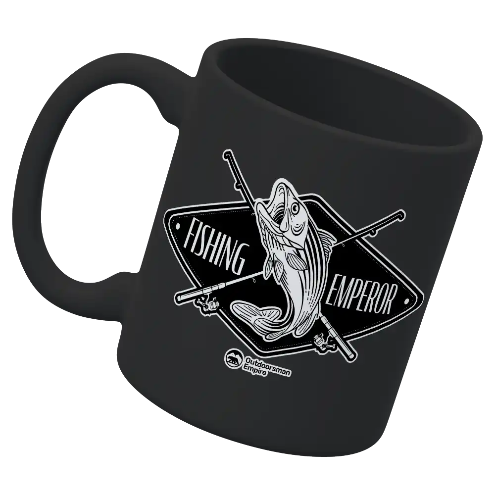 Fishing Emperor v2 11oz Mug with UV printed design, showcasing its sturdy ceramic build and glazed finish.